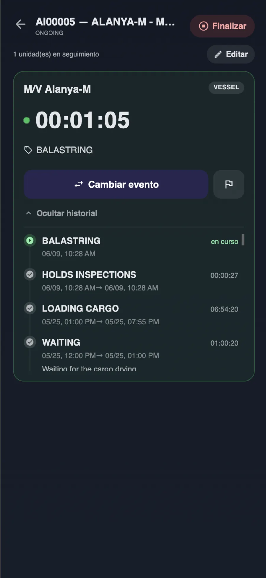 Time tracker móvil: cronómetro del evento en curso