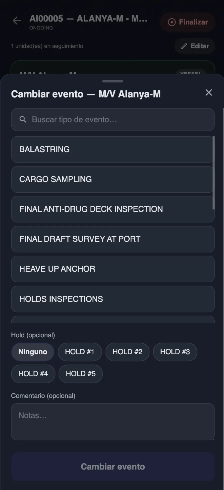 Time tracker móvil: cambio de evento por bodega