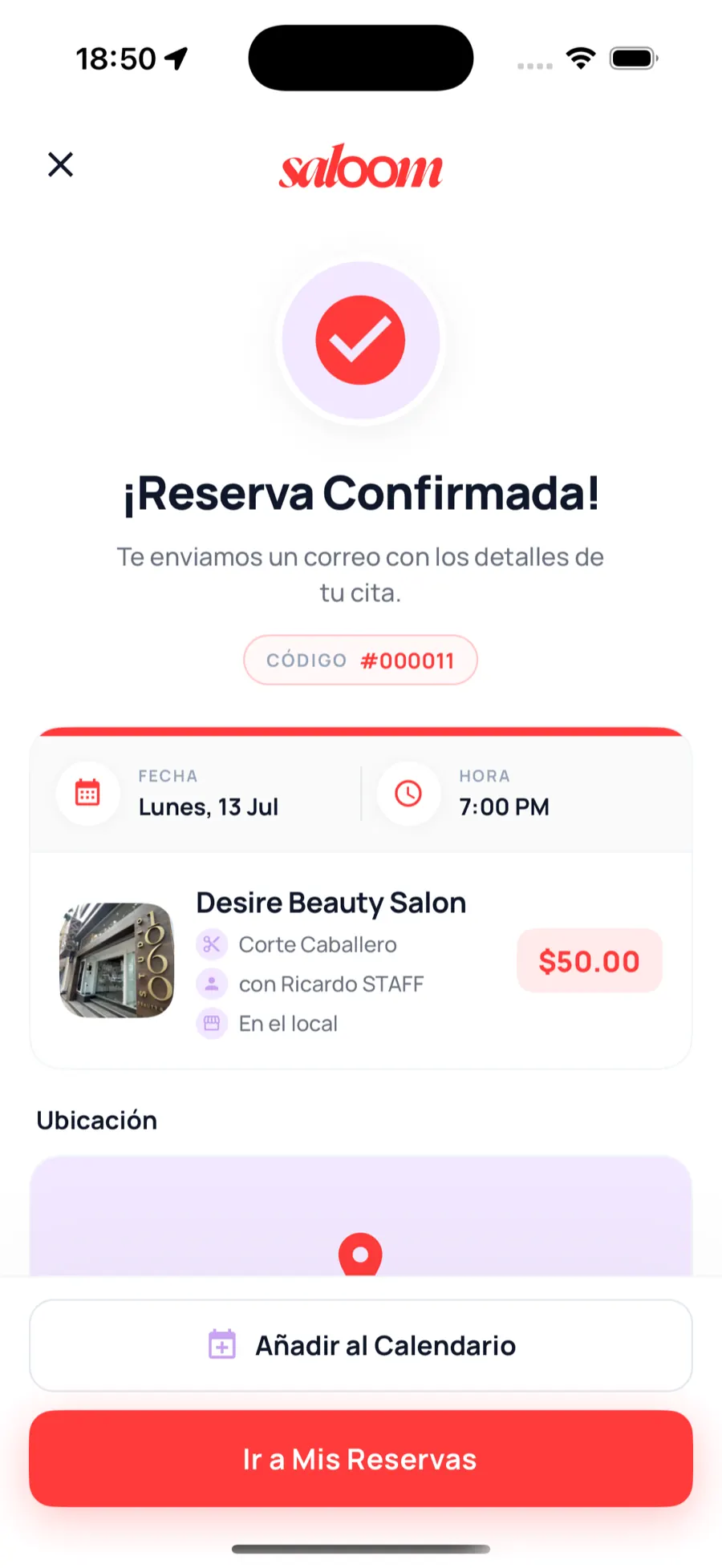 App móvil: selección de servicio