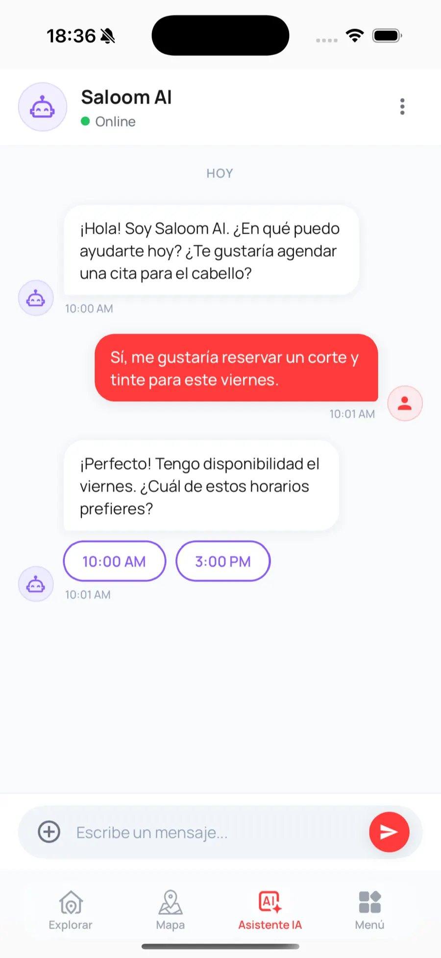 App móvil: elección de horario
