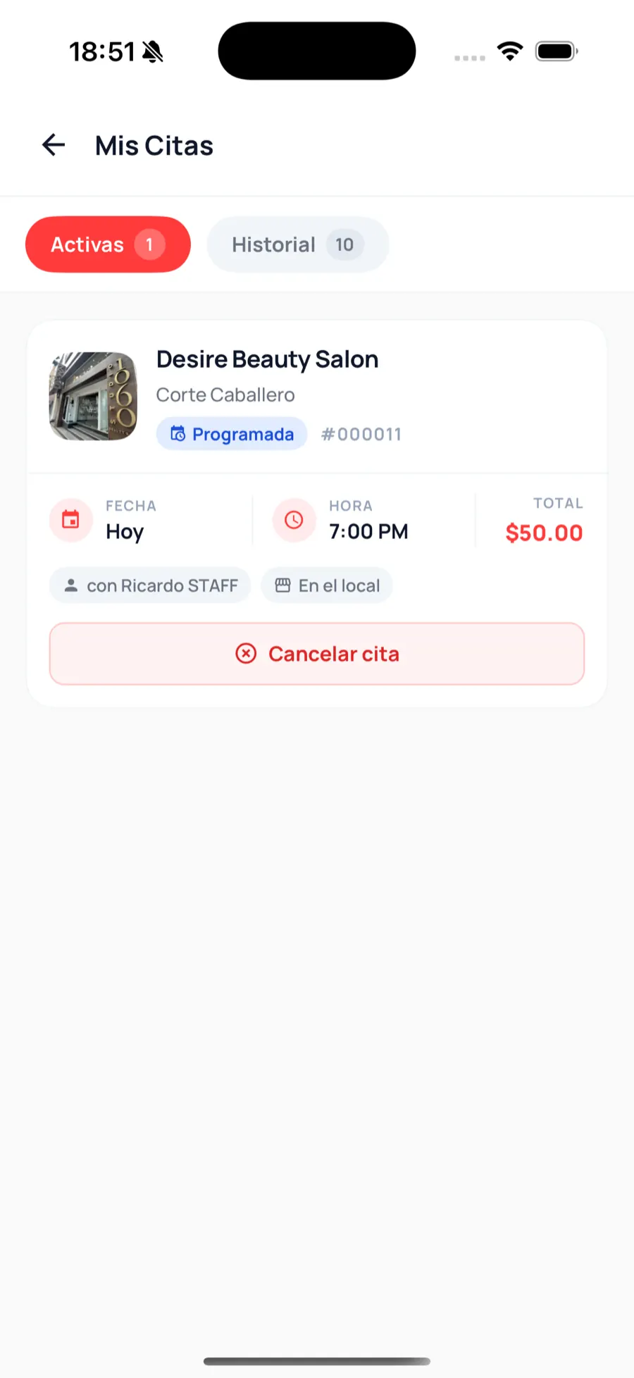 App móvil: confirmación de la cita