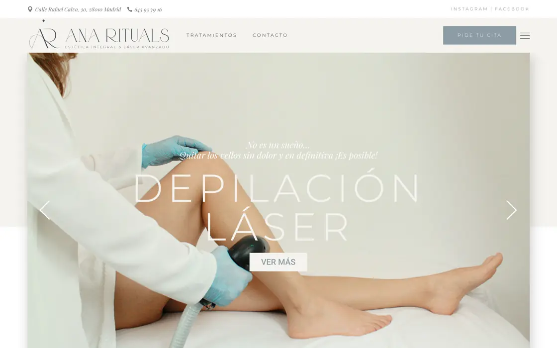 Home page of anarituals.com: the treatment menu over a photo of a laser session in the treatment room