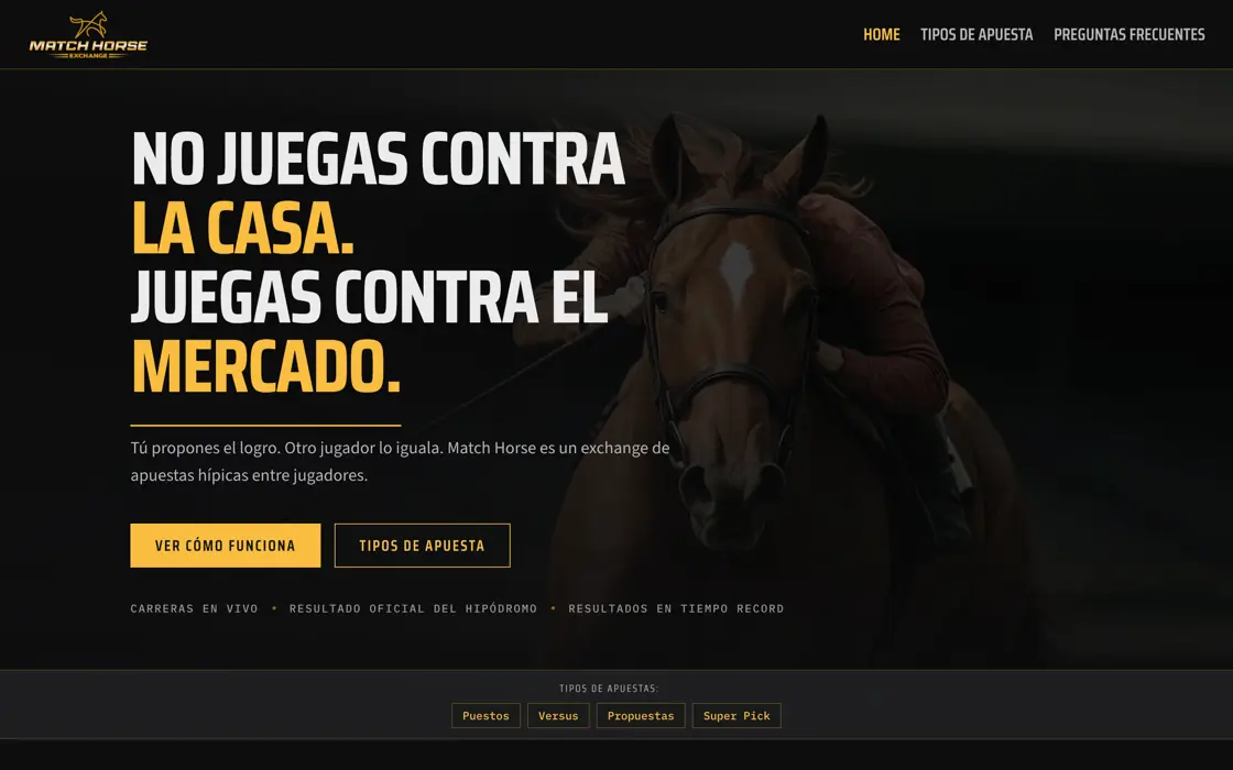 Home page of matchhorse.bet: the headline “You are not playing against the house” over a photo of a racehorse
