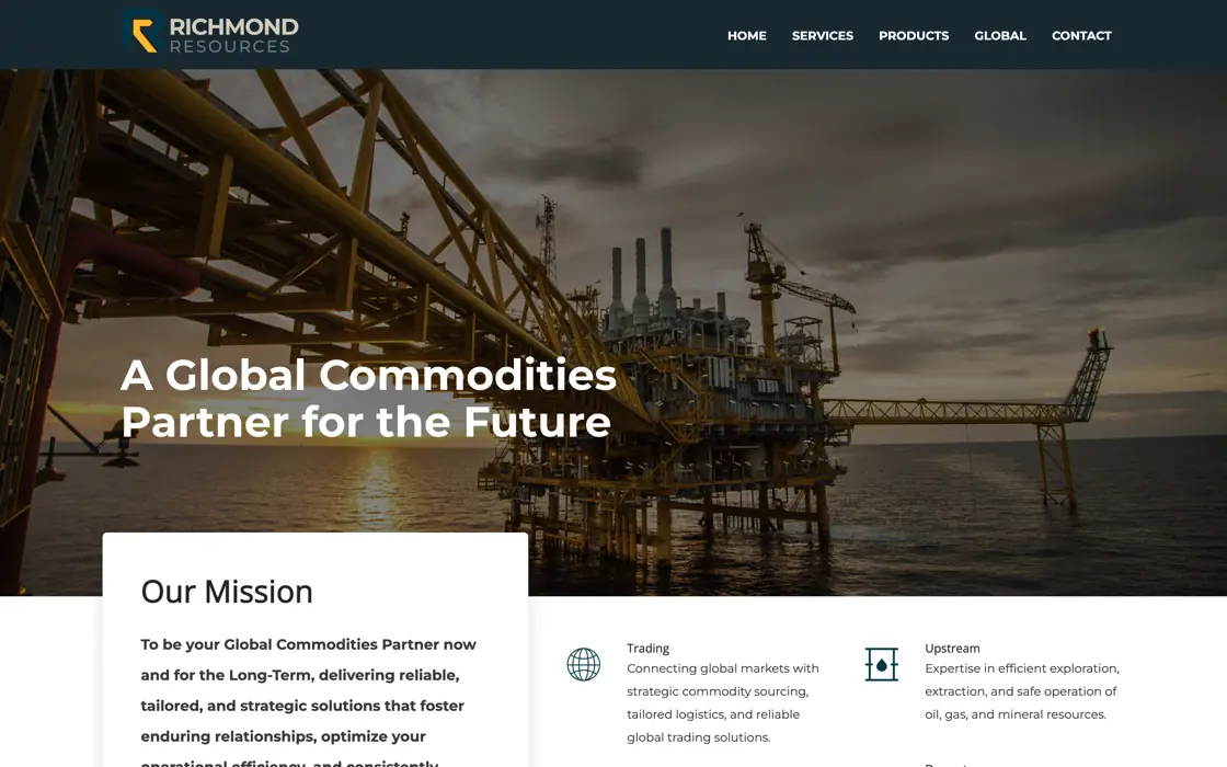 Home page of richmond-resources.com: an offshore platform at sunset with the company headline over it
