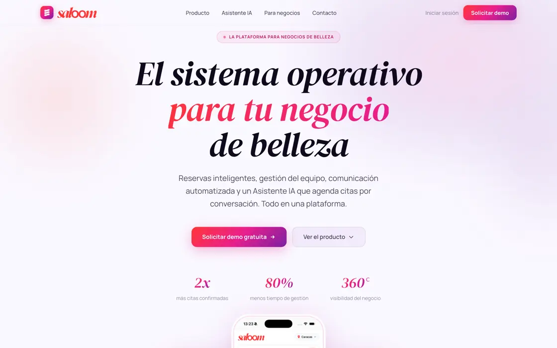 Home page of saloom.io: the product headline with the app shown on a phone